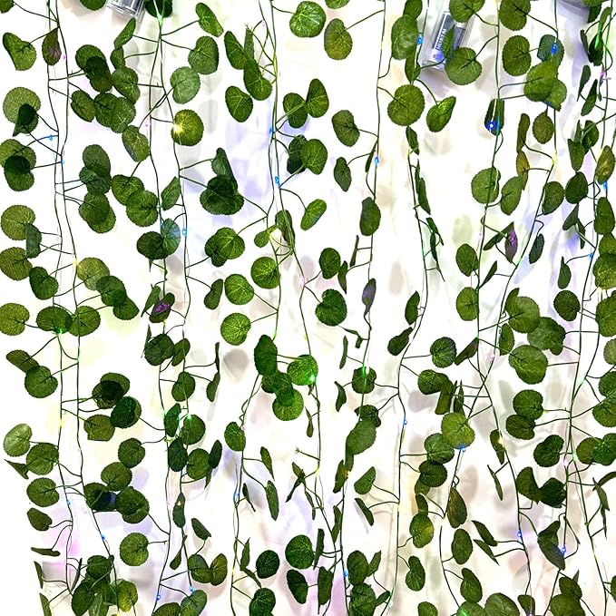 6Pcs Artificial Hanging Plants Begonia Leaf Vine With 60 Colorful Lights, Begonia Vine Leaves, Fake Plant Vines, Can Be Used for Wall,Party Wedding, Home, Kitchen, Indoor and Outdoor Decoration