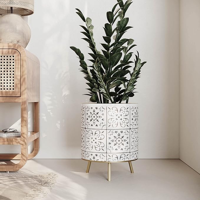 EverNest Tristan Neutral Minimal White and Black Modern Style Planter with Nyra Stand, SelectBase Plant Pots, Indoor Planter, Boho Home Decor, Minimalist Pot for Plants (Large, Gold)