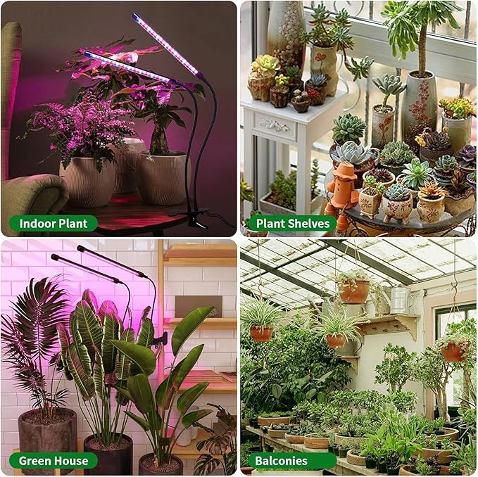 Solar-Powered Grow Lamp with Battery, 2-Head 40 LED Full Spectrum Clip Light, 16.4FT Cable, USB Charging, Timer & Dimmable Settings for All Growth Stages