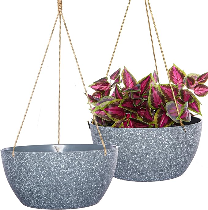 SwinDuck 12 Inch 2 Pack Large Hanging Planters for Indoor Outdoor Plants, Plastic Hanging Basket Pots for House Plants Flowers, Grey