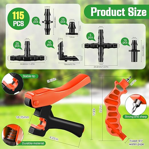 Feekoon Drip Irrigation Punch Hole Tubing Cutter Tools with Barbed Connectors, 2-in-1 Drip Tubing Hole Punch for 1/4 Inch Fitting 16 20 25 mm PE Pipe and Emitter (Orange,115 Irrigation Plugs)