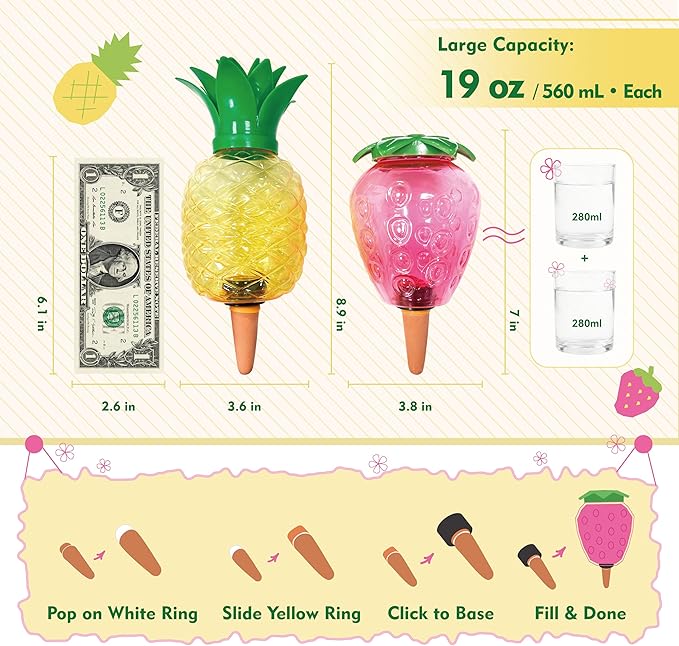 Extra Large Plant Watering Globes for Plants - 19oz Plant Watering Devices, Vacation Self Watering Globes with Slow Release, Indoor Plant Watering Bulbs, Plastic, 2-Pack(2 Pineapples)