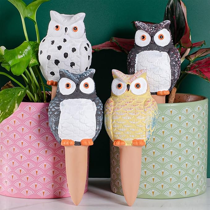4 Pack Plant Watering Devices, Owl Shape Terracotta Watering Stakes, Vacation Self Watering Planter Insert, Large Self Watering Globes for Indoor Outdoor Plants