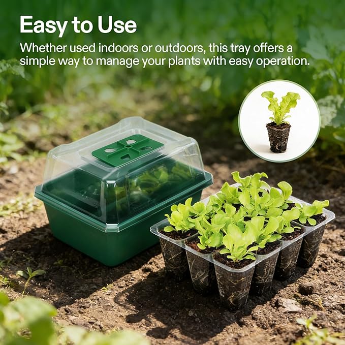 VIVOSUN 12-Pack Seed Starter Trays, 144-Cell Seed Starter Kit with Humidity Dome, Flat Reusable Plant Germination Trays with Drain Hole, Green Propagation Tray for Planting Seeds