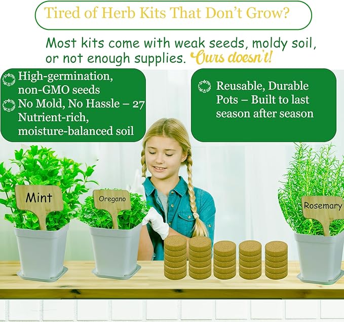 Indoor Herb Garden Kit, 9 Non-GMO Seeds with Reusable Pots, Planter – DIY Grow Kits for Growing Herbs Indoors, Kitchen, Balcony, Window Sill with 27 Soil