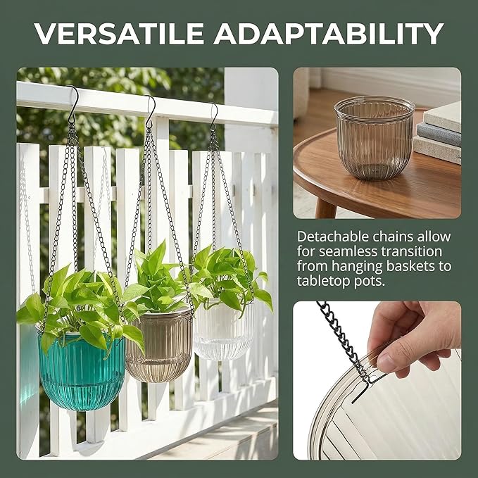 Pumtus 3 Pack Self Watering Hanging Planters, 6.5 Inch Hanging Flower Pot with Drainage Hole, Plastic Hanging Basket with 3 Hooks Chains, Plant Hanger for Indoor Outdoor Plants, Herbs (3 Colors)
