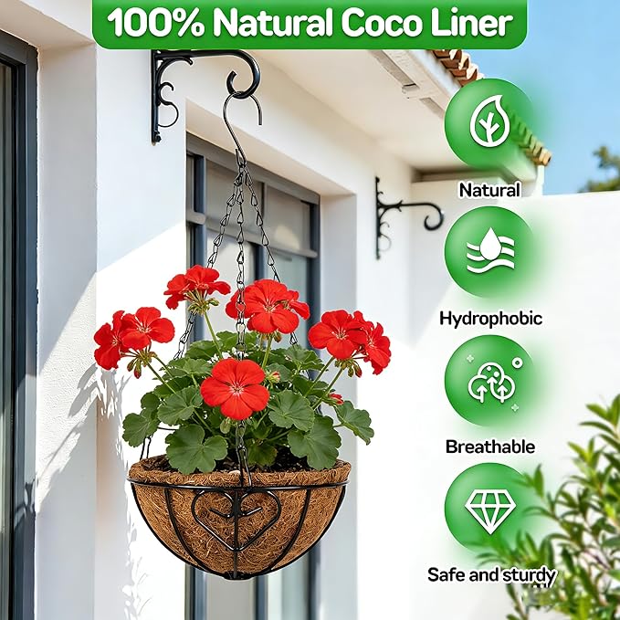 QCQHDU 3 Pack 10 inch Metal Hanging Orchid Baskets for Plants Outdoor, Hanging Orchid Planter Basket with Coco Liners, Orchid Pots with Holes for Garden, Patio, Deck, Porch Plants(Love)