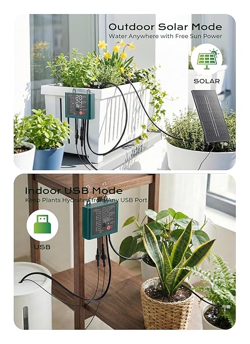Solar Drip Irrigation System with USB Charging, Indoor Outdoor Plant Watering Devices for 15 Potted Plants, Automatic Watering System IP44 Waterproof 2200mAh for Garden Farm Greenhouse(Green)