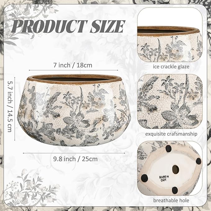 9.8 Inch Large Vintage Ceramic Planter Ice Crack Glaze Gray Floral Flower Pot with Drainage Holes Rustic Country Plant Pots Decorative Gifts for Home Kitchen Office Indoor Outdoor Plants