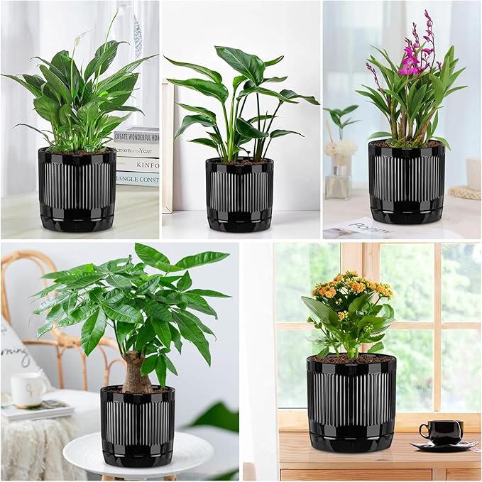Vanavazon 6 Inch Glazed Ceramic Plant Pots with Drainage Hole and Saucer, Cylinder Indoor Planters for All House Plants, Modern Decor for Home & Office, Set of 2 (Black)