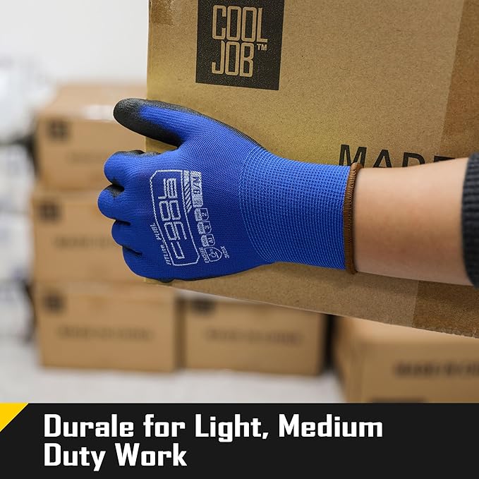 COOLJOB 60 Pairs Safety Work Gloves Pack Bulk with Grip PU Coating, 13 Gauge Seamless Knit Gloves with Polyurethane Dipped for Warehouse Working, Breathable Lightweight for Men Women, Blue Large