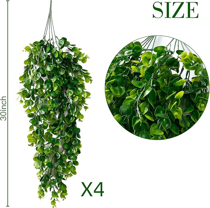 Sggvecsy 4 Pack Artificial Hanging Plants Fake Hanging Plant Faux Hanging Eucalyptus Plants UV Resistant Plastic Plants for Indoor Outdoor Room Wall Wedding Patio Porch Decor