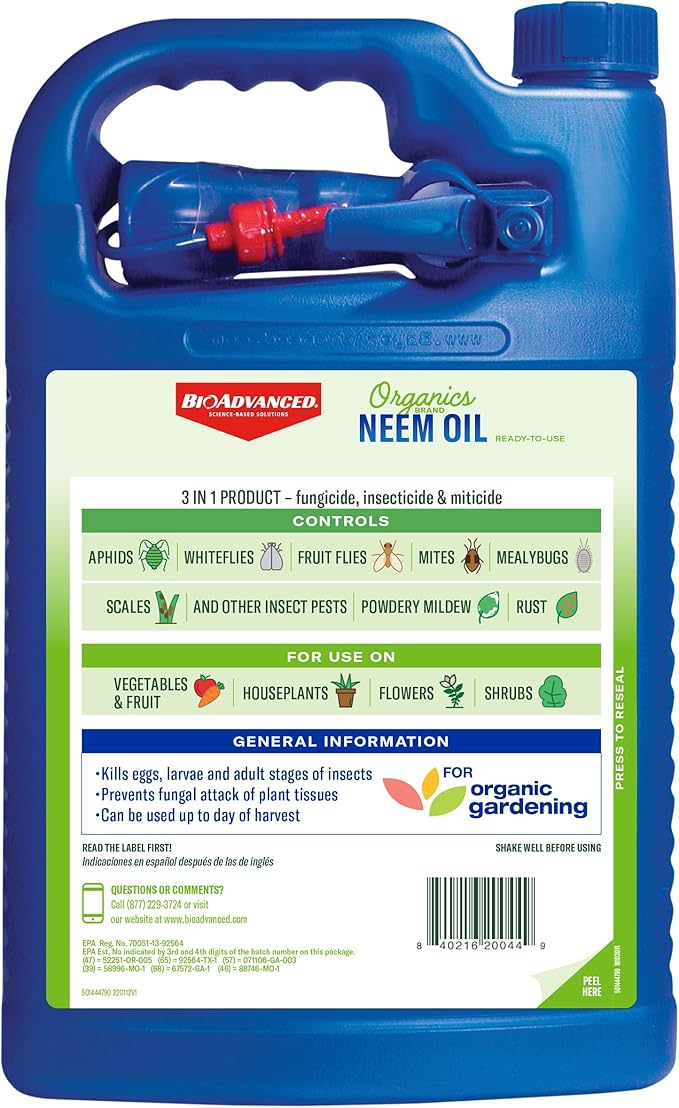 BioAdvanced Organics Brand Neem Oil, Ready-to-Use, 1 Gal, Neem Oil for Plants