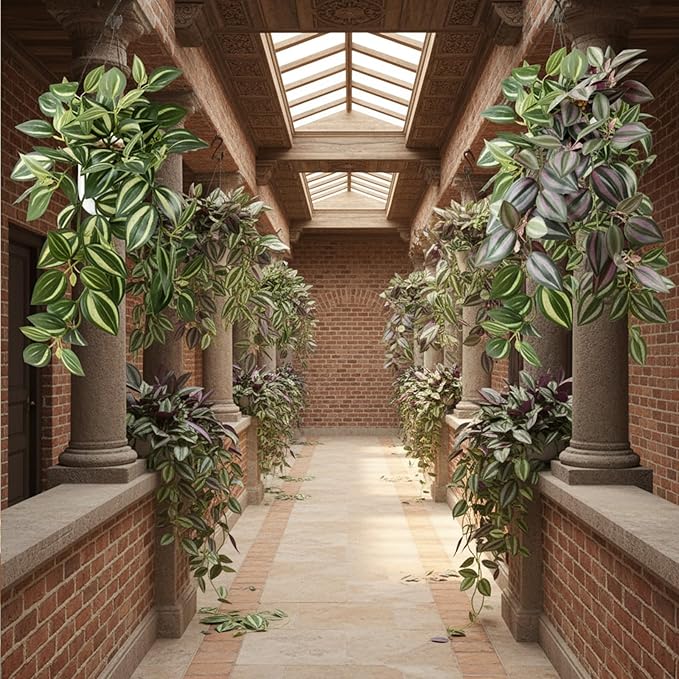 Fake Plants Indoor Artificial Hanging Plants with Pot, Potted Silk Greenery Faux Watermelon Peperomia Ivy Draping Plant for Home Office Desk Living Room Bedroom Wall Shelf Decor (Green, Light Pink)