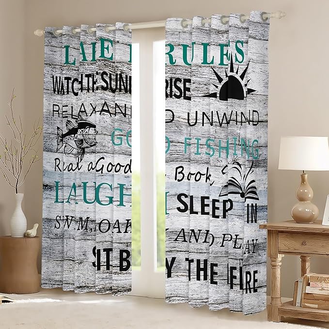 Feelyou Lake House Curtains Fishing Window Drapes for Kids Teens Boys Camping House Blackout Curtain Wooden Stripes Texture Window Treatments 52W X 84L,2 Panels