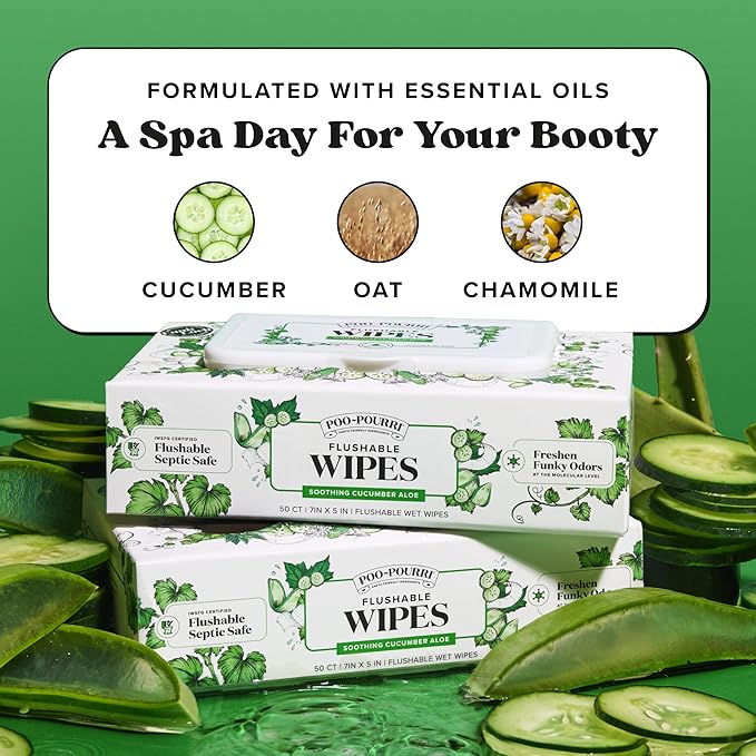 Poo~Pourri Flushable Wipes - Made with Plant Based Fibers, Aloe, Vitamin E, Chamomile, and Oat Extract - Adult Wet Wipes - Cucumber & Aloe Essential Oil - 50 count Dispenser Box - Sewer & Septic Safe