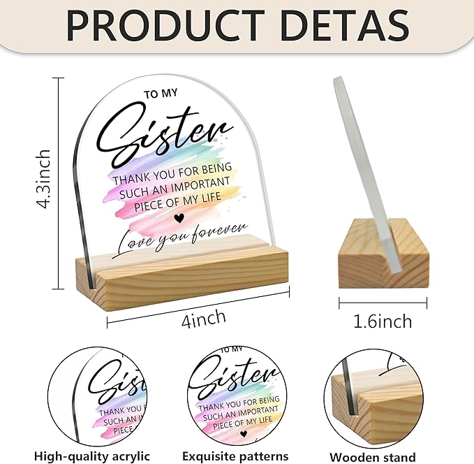 To My Sister Arched Rainbow Acrylic Sign with Wooden Stand – Heartfelt Birthday Gifts for Sister, 4x4 Inch Cute Appreciation Keepsake, Home Living Room Desktop Cubicle Decor