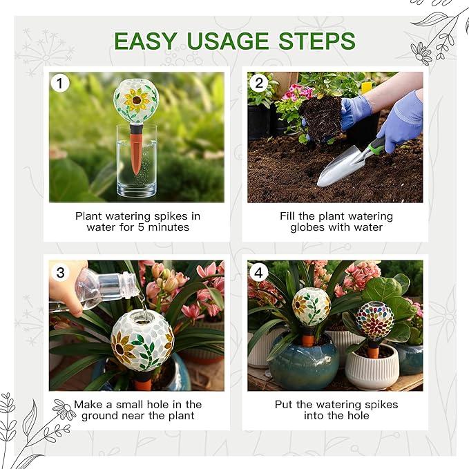 VOREEN Mosaic Plant Watering Globes with Terracotta Watering Spikes, 17oz Glass Self Watering Globes for Indoor & Outdoor Potted Plants, Decorative Water Drippers, Set of 2