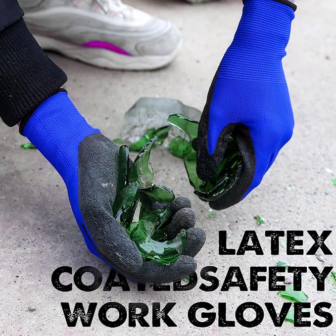Evridwear Crinkle Latex Rubber Hand Coated Safety Work Gloves for Men Women General Multi Use Construction Warehouse Gardening Assembly Landscaping (X-Large,Blue- 12Pair)