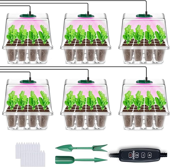 YAUNGEL Seed Starter Tray with Grow Light, 6 Pack Seed Starter Kit with Timing Controller Adjustable Brightness, Thicken Seedling Starter Trays with Humidity Domes Heightened Lids, Transparent