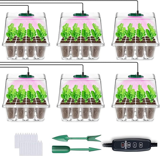 YAUNGEL Seed Starter Tray with Grow Light, 6 Pack Seed Starter Kit with Timing Controller Adjustable Brightness, Thicken Seedling Starter Trays with Humidity Domes Heightened Lids, Transparent
