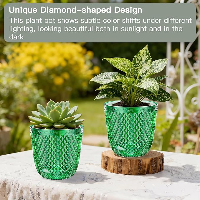 QCQHDU 2 Pack Self Watering Pots, 5.7 Inch Flower Pots with Drainage Holes and Water Filling Port, Garden Planter for Indoor Outdoor Plants (Emerald)