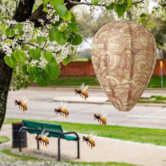 DECYOOL 4 Pack Wasp Nest Decoy Natural Paper Hornet Deterrent Hanging Fake Nests for Outdoor Hornets Yellow Jackets Control