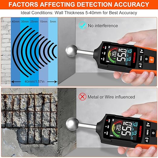 LASELION MS04 Pinless Moisture Meter with Ball Probe for Non-Destructive Area Scans Ideal for Wood Walls and Construction Materials Customizable Humidity Alarms Built-in Flashlight