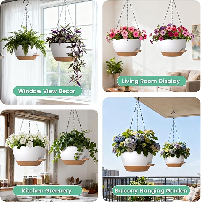 UOUZ 13 Inch 2 Pack Large Self Watering Hanging Planters for Indoor Outdoor Plants, Hanging Plant Pots with Removable 50 Oz Reservoir, Plastic Hanging Basket for Window Porch Garden, White with Brown