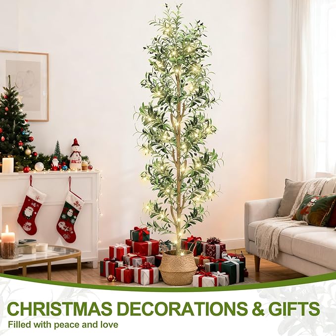 TNELTUEB Artificial Olive Tree 7FT-Large Faux Olive Trees Indoor with White Planter & Basket and Lights, Tall Fake Olive Plants Silk Tree with Branches and Fruits for Christmas Home Decor Office