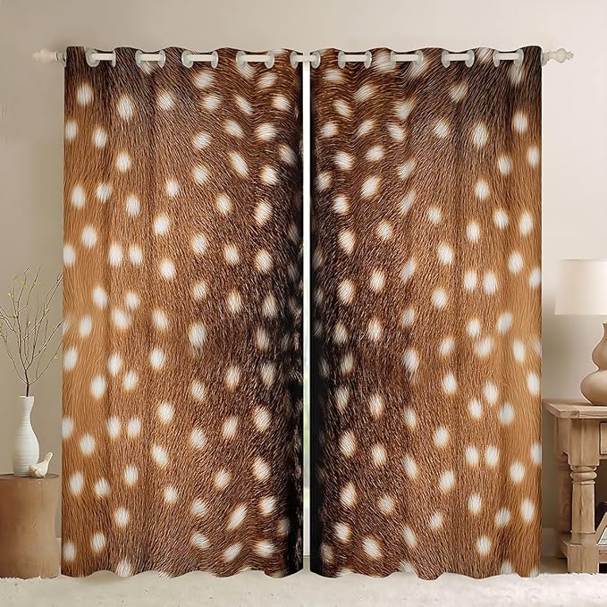 Brown Reindeer Fur Curtains,Elk Deer Hide Window Curtains 2 Panels 42"Wx90"L,Woodland Rustic Animal Print Curtains & Drapes,Wildlife Hunting Themed Jungle Wild Animals Skin Window Treatments