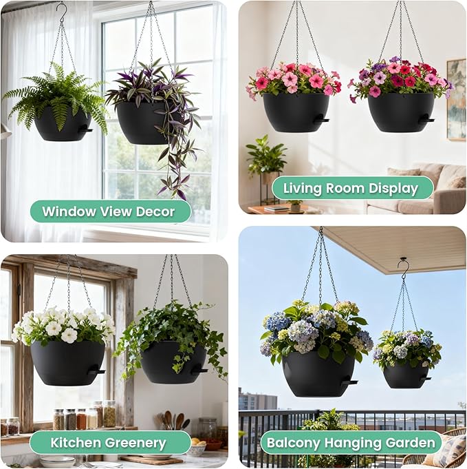 UOUZ 13 Inch 2 Pack Large Self Watering Hanging Planters for Indoor Outdoor Plants, Hanging Plant Pots with Removable 50 Oz Reservoir, Plastic Hanging Basket for Window Porch Garden Balcony, Black