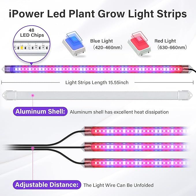 iPower LED Plant Grow Light Strips Full Spectrum with 3 Timing Modes, 10 Dimmable Levels 48 LEDs Per Tubes, Sunlike Grow Lamp for Hydroponics Succulent,Red & Blue