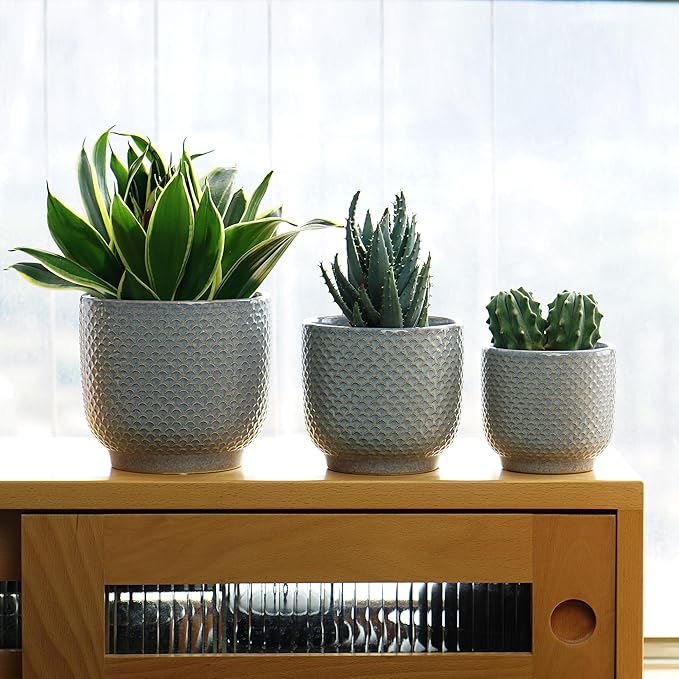 4 + 5 + 6 Inch Ceramic Pots for Indoor Plants, Succulents Plant Pots, Orchid Flower Pot with Drainage Hole, Modern Clay Stoneware Planters, Set of 3 (Reactive Glaze Grey Blue, 4 + 5 + 6 Inch）