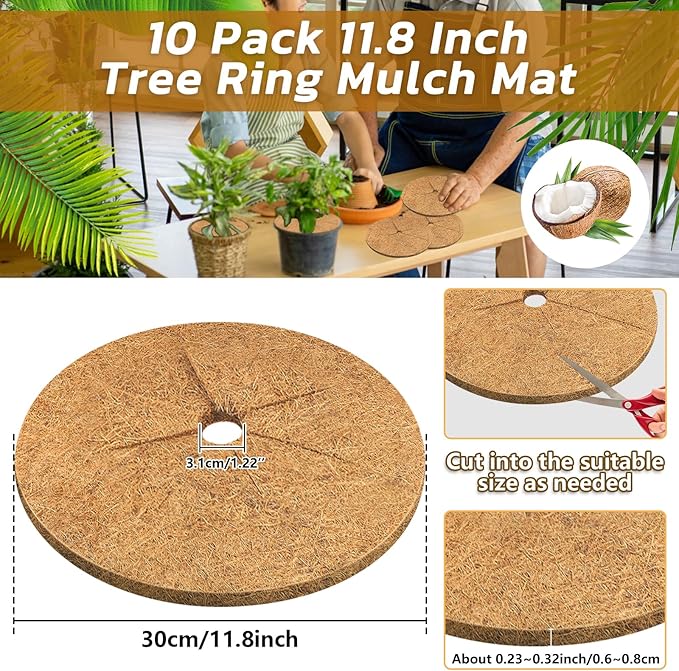 Legigo 10pcs Coconut Fiber Mulch Ring Tree Plant Protector Mat, 11.8 Inch Natural Coco Coir Tree Mulch Ring Plant Pot Soil Cover, Tree Rings Disc Plant Cover for Indoor Outdoor Plants, Landscaping