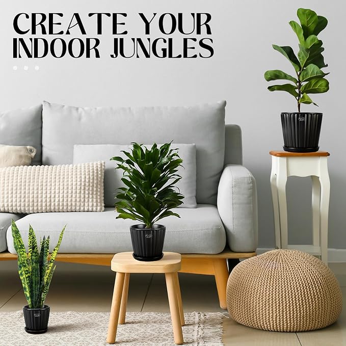 3 Pcs Ceramic Plant Pots 7.3/6/4.7 Inch Ceramic Flower Pot with Drainage Hole and Saucer Decorative Planter Indoor Outdoor for Gardening Home Desktop Office Windowsill Decoration Gift(Black)