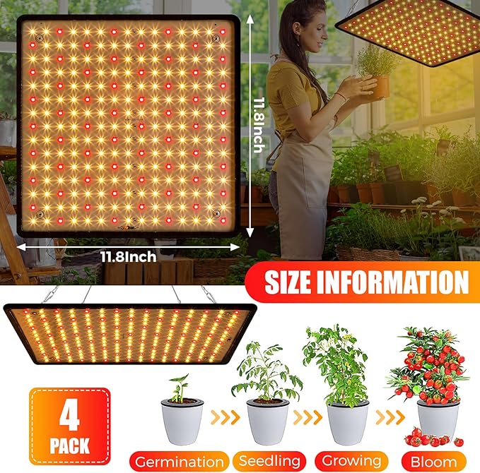 Liliful 4 Pcs Grow Lights Panel 200W Artificial Full Spectrum Grow Lamps with 225 LEDs for Indoor Outdoor Seedling Tent Flowe(Warm White, Red)