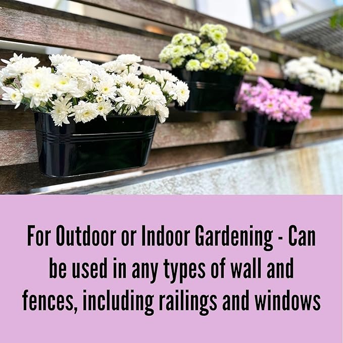 LaLaGreen Outdoor Plants Rail Planter (11.2 Inch, 8 Pack) Black Metal Iron Hanging Flower Pots Deck Railings Fence Buckets Modern Garden Boho Style Wall Mount Window Box Plant Holder Hooks Porch Decor