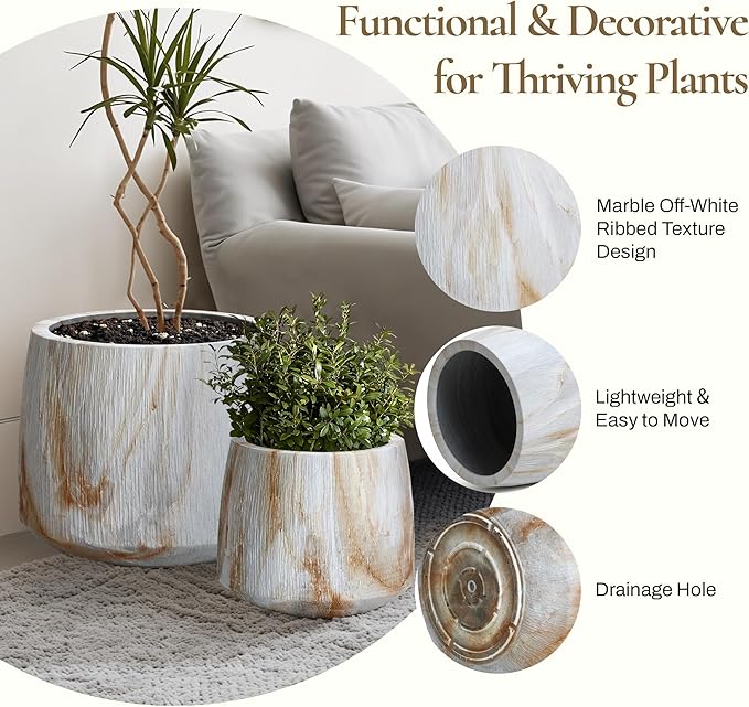 LuxenHome Planters for Indoor Plants, Set of 2 Outdoor Plant Pots with Drainage Hole, Flower Pots for Plants, Rustic Wood Grain Texture Round Tapered Concrete Planter Pots for Home Garden Patio