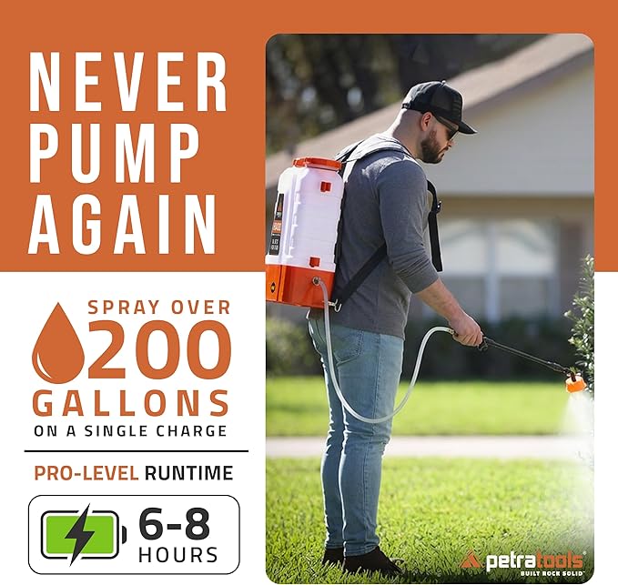 PetraTools Battery Powered Backpack Sprayer 4 Gallon - 6 Hours Long Battery Life & Padded Straps for Comfort - HD4000 Electric Backpack Garden Sprayer with 6 Spray Nozzles & 90PSI Adjustable Pressure