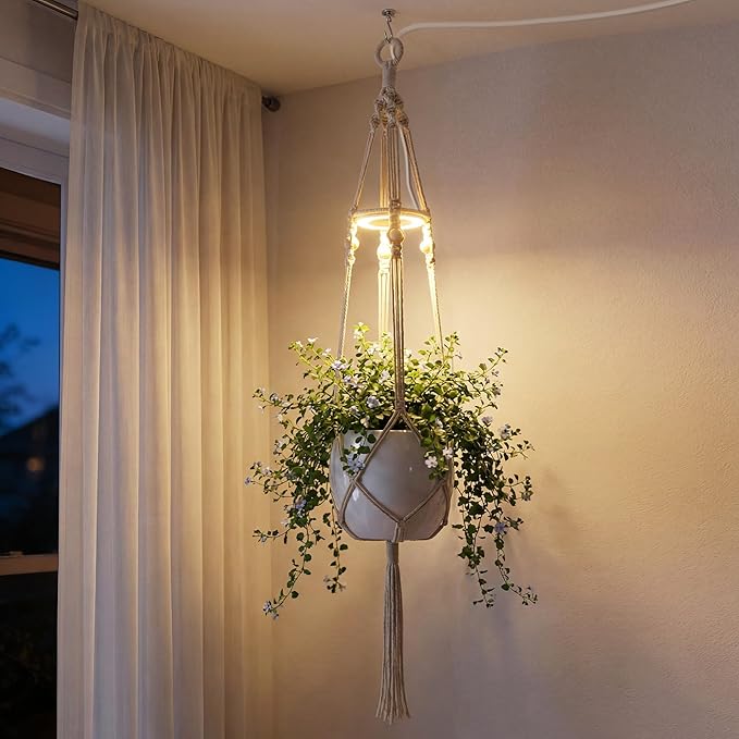 Hanging Plant Grow Lights for Indoor Plants with Timer, Wall Mounted Full Spectrum Pendant Growing Light with Macrame Plant Hanger, Ceiling LED Planta Luz for Potted Plants Home Decor