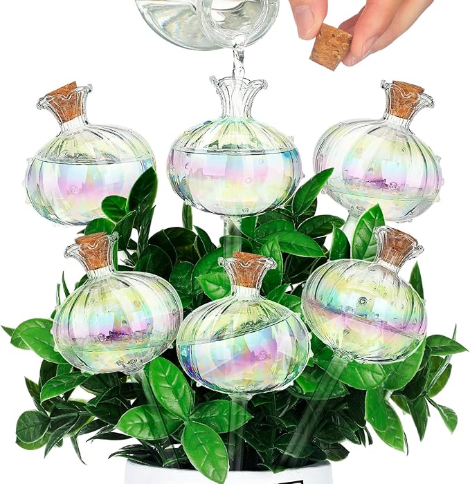 Yungyan 6 Pcs Self Watering Plant Globes Glass Cactus Insert Watering Devices Automatic Plant Watering Bulbs Water Globes for Indoor Outdoor Plants(Rainbow Color,9.84 Inch)