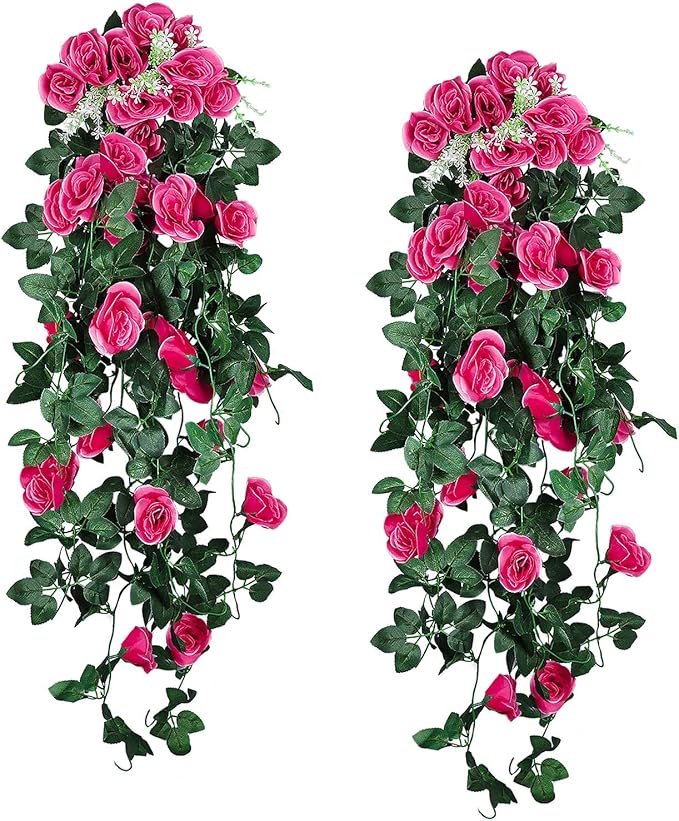 RECUTMS Artificial Rose 4Packs Fake Hanging Flower Faux Ivy Vine Plants for Home Window Garden Office Patio Planter Pathway Front Porch (Rose Red)