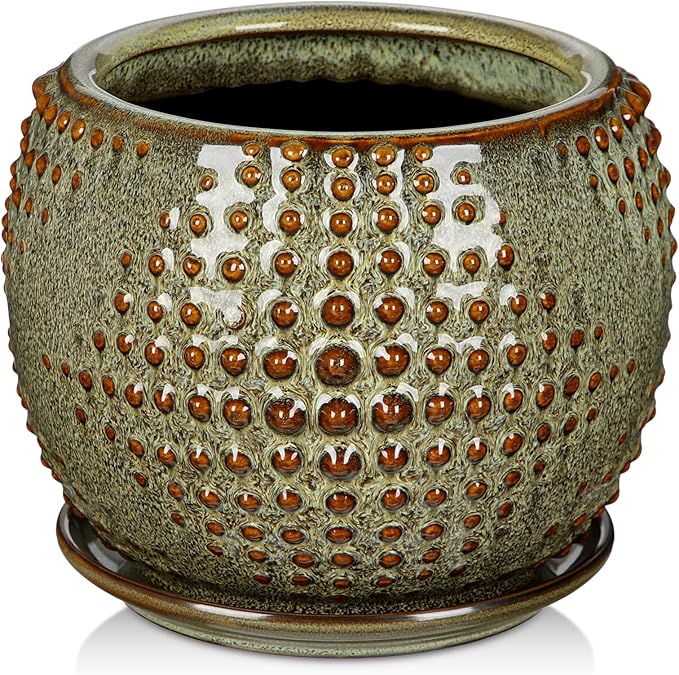 Oairse Ceramic Pot for Indoor Plants, 7 inch Plant Pot with Drainage Hole and Saucer Decorative Brown Planter with Saucer Indoor Outdoor Flower Pots for Succulent Snake Plant Pothos Orchid