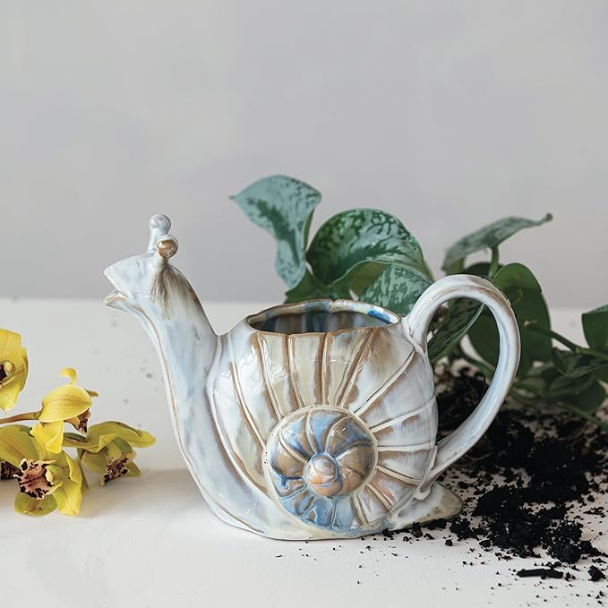 Creative Co-Op 26-Ounce Snail Shaped Stoneware Watering Can, Multicolor