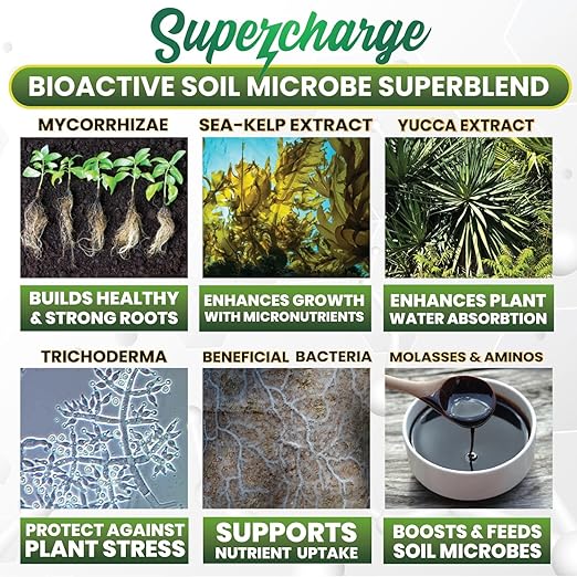 Mycorrhizal Fungi with Beneficial Bacteria, Trichoderma, Sea Kelp, Molasses, Yucca, Smart Grower Supercharge Plant Root Enhancer 4oz Super Concentrate Powder Makes 50 Gallons