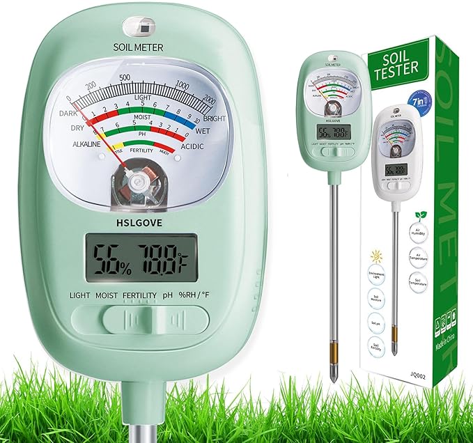 HSLGOVE Soil Test Kit, 7-in-One Soil Moisture Meter/Soil PH Meter/Fertility, Dual Screen Soil Tester w/Digital Soil Temp/Air Temp&Humidity for Plants Gardening,Lawn,Farm Indoor&Outdoor-Mint Green