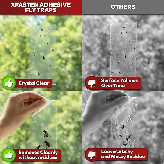 XFasten Window Fly Traps Sticky Clear 50-Pack Fruit Fly Traps for Indoors Sticky, Residue-Free, Odorless, Discreet Adhesive Indoor Catcher for Fruit Flies Houseflies, Gnats on Windows Kitchen Garage