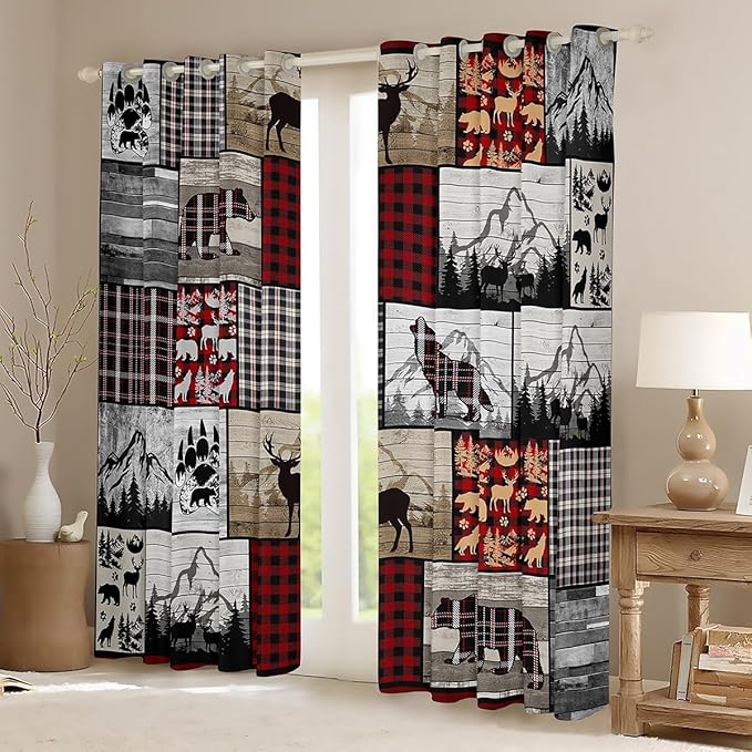 Feelyou Kids Plaid Deer Elk Bear Wolf Curtains Room Decor Rustic Cabin Farm Forest Camping Hunting Blackout Curtain Boys Farm Forest Darkening Drapes Farmhouse Window Treatment, 2 Panels 42 x 63 Inch