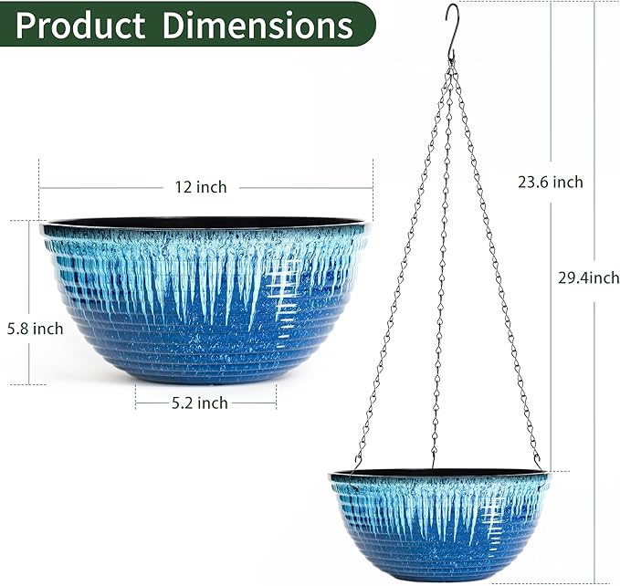 Vanslogreen 12 inch Hanging Planters for Indoor Outdoor Plants, 2 Pack Large Hanging Flower Pots with Drainage Holes and Chain, Glazed Hanging Baskets for Home Garden Decoration (Blue Flow Glaze)